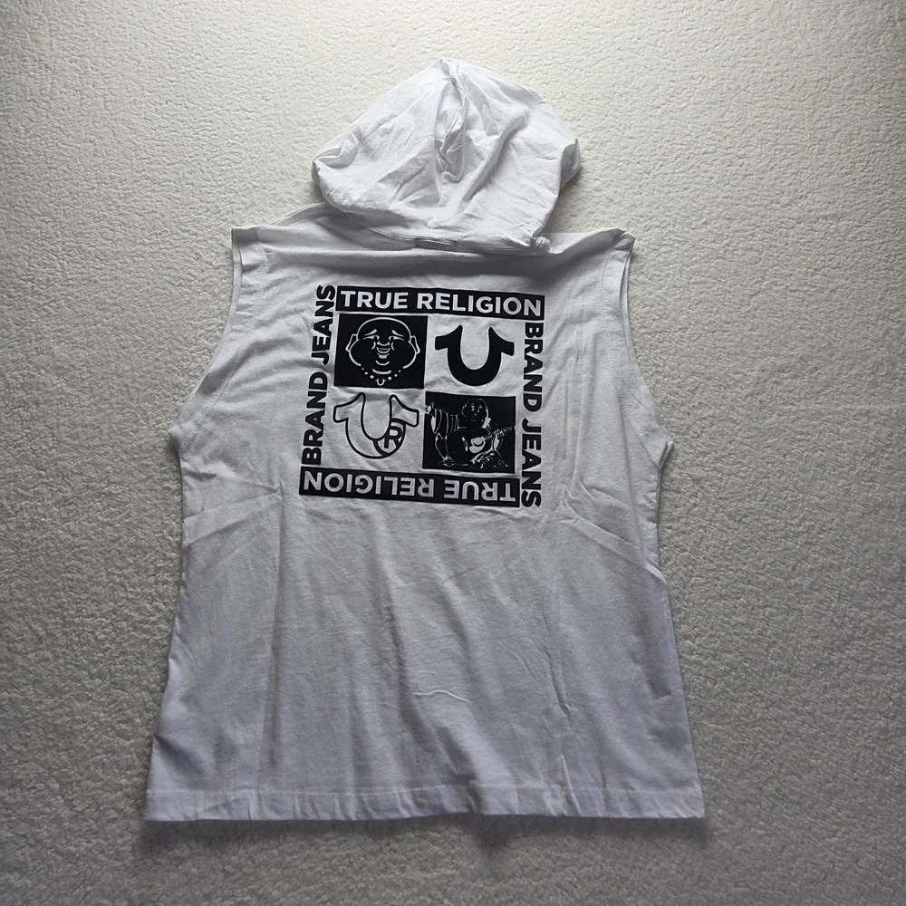 True Religion Hoodie Shirt Mens Small White Sleeveless Graphic Logo Pullover